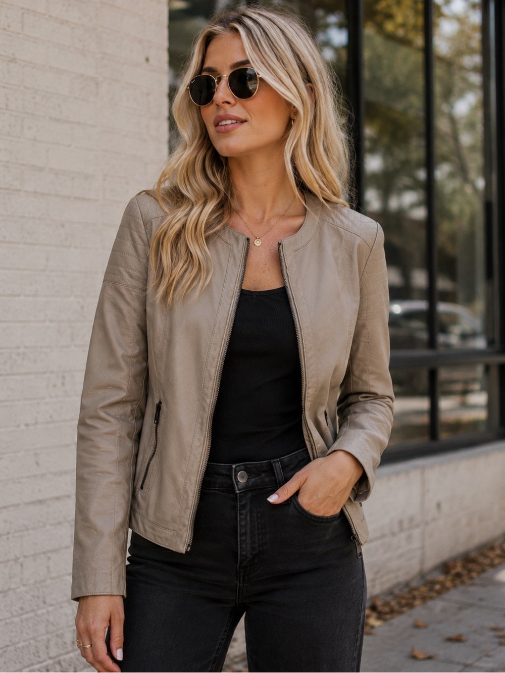 Metaphor Faux Leather Moto Jacket Taupe Beige Zip Pockets Women’s L